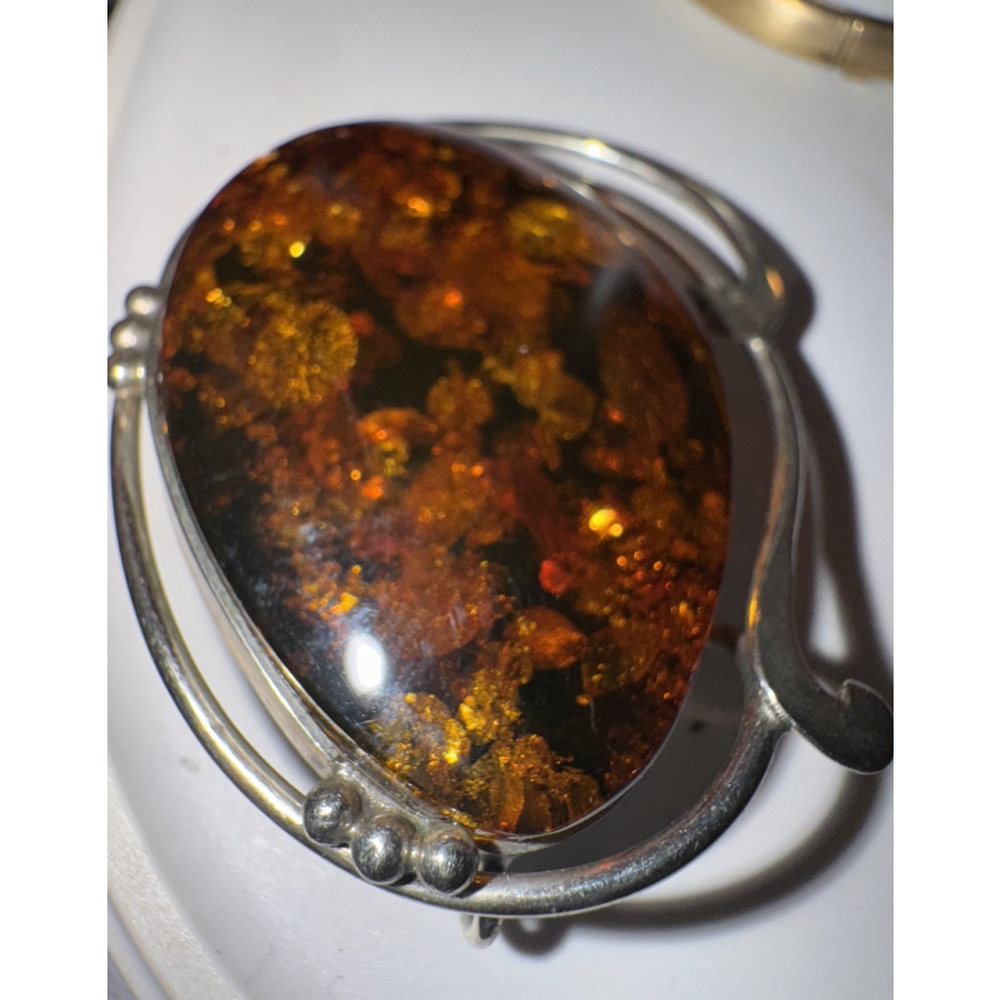 Vintage Silver with Amber Stone Designer Style  Brooch